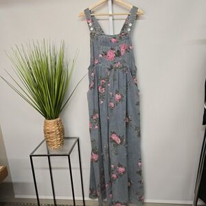 BIB! Women's Denim Floral Print Overalls Dress Jumpsuit Maxi Blue Pink